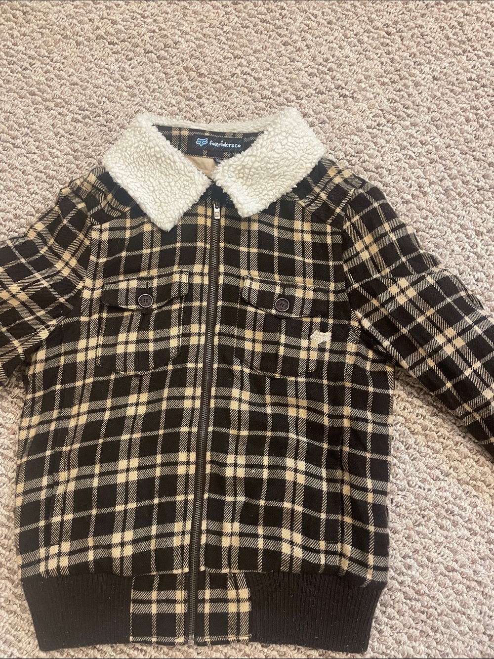Fox Riders Black and Cream Plaid Sherpa-Collar Jacket